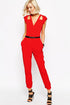 Sexy Red Cut out Wrap Front Belted Jumpsuit